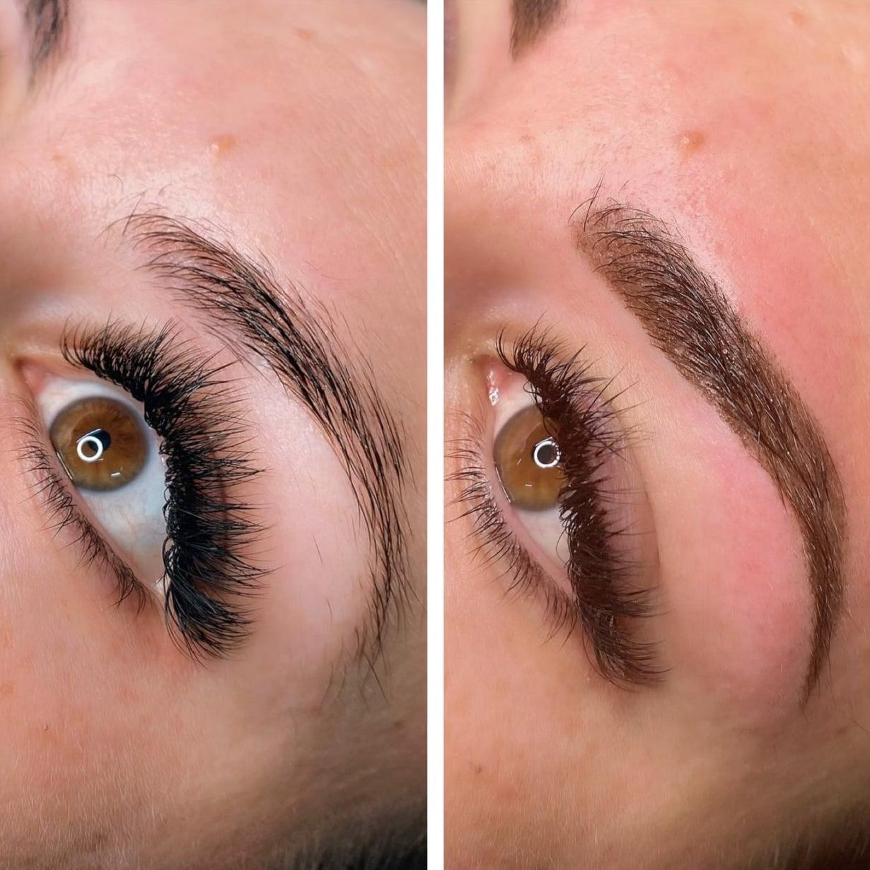 One eye with lash extensions, side by side: on the left the natural brow, on the right the same brow after a tint and shape, darker and neatly defined.